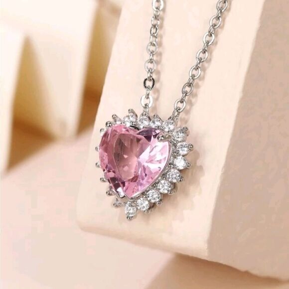 Rhinestone Heart Charm Pendant Necklace - Picture 2 of 5